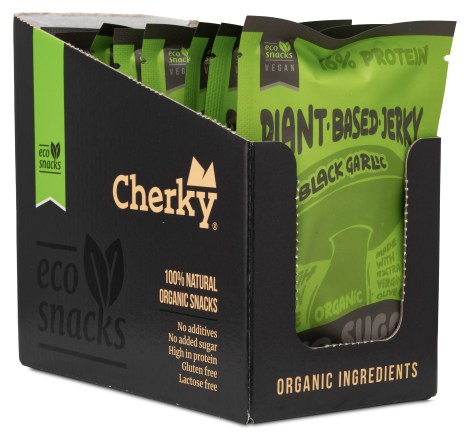 Miniatyrbild Cherky Foods Plantbased Jerky Eco, Black Garlic & Coffee, 10-pack