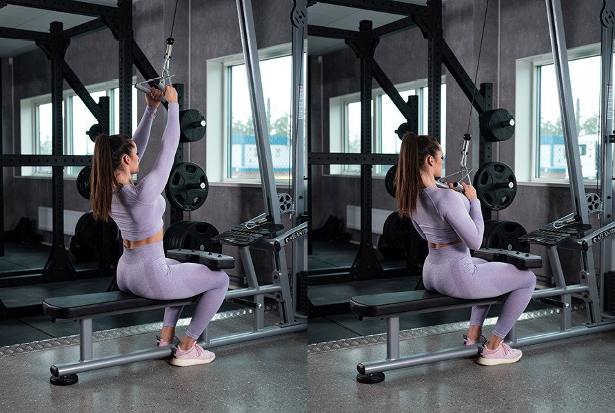 Bild på tjej som visar hur man utför träningsövningen smala latsdrag på gymmet